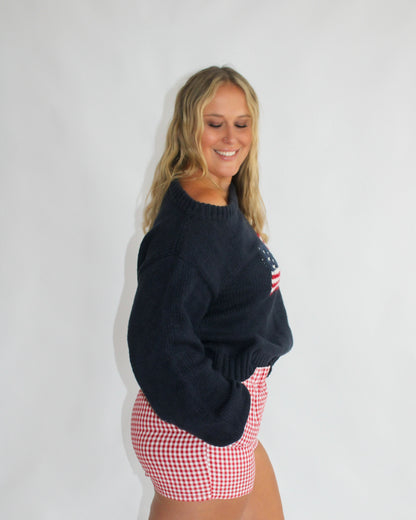 Ribbed Knit Flag Sweater - Navy