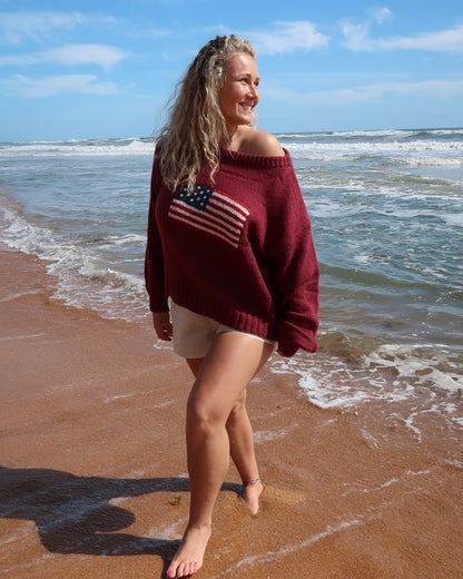 Ribbed Knit Flag Sweater - Burgundy