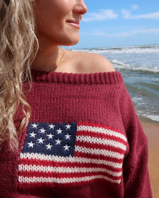 Ribbed Knit Flag Sweater - Burgundy