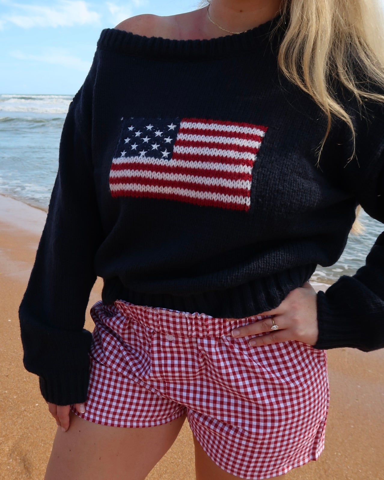 Ribbed Knit Flag Sweater - Navy
