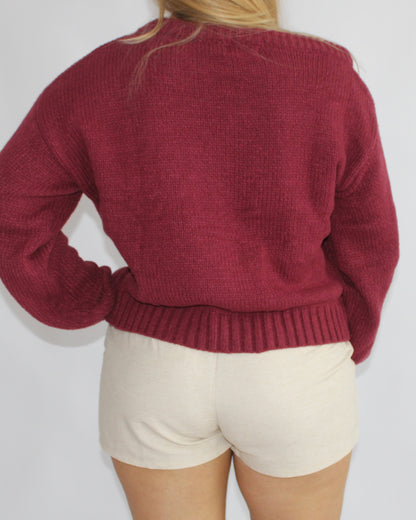 Ribbed Knit Flag Sweater - Burgundy