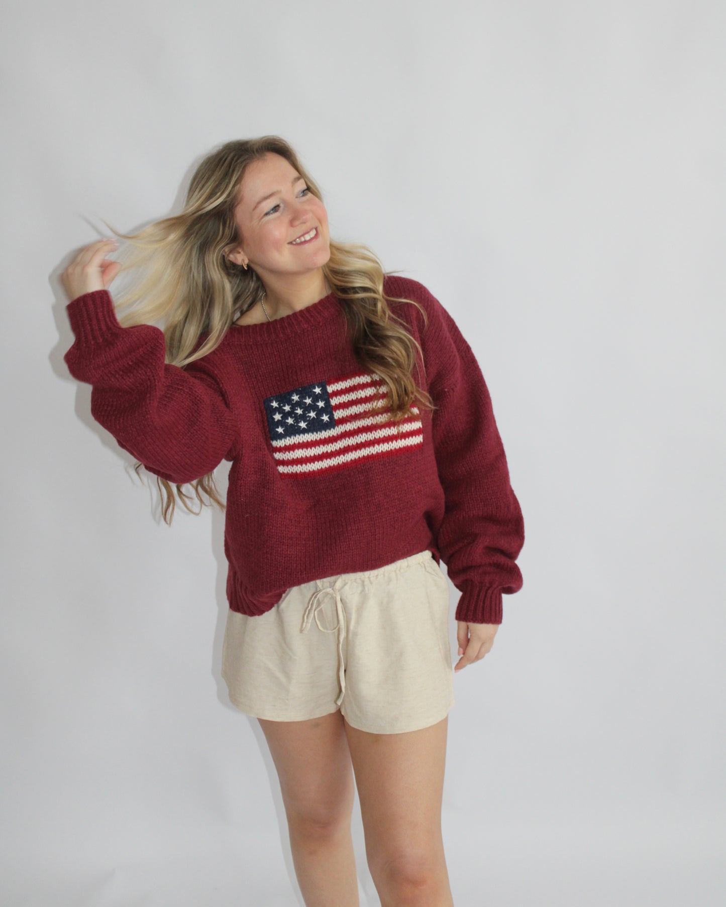 Ribbed Knit Flag Sweater - Burgundy