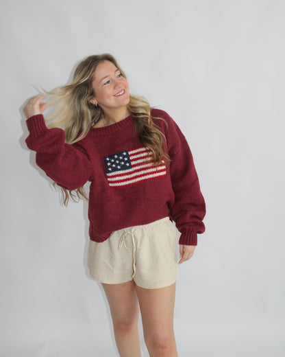 Ribbed Knit Flag Sweater - Burgundy
