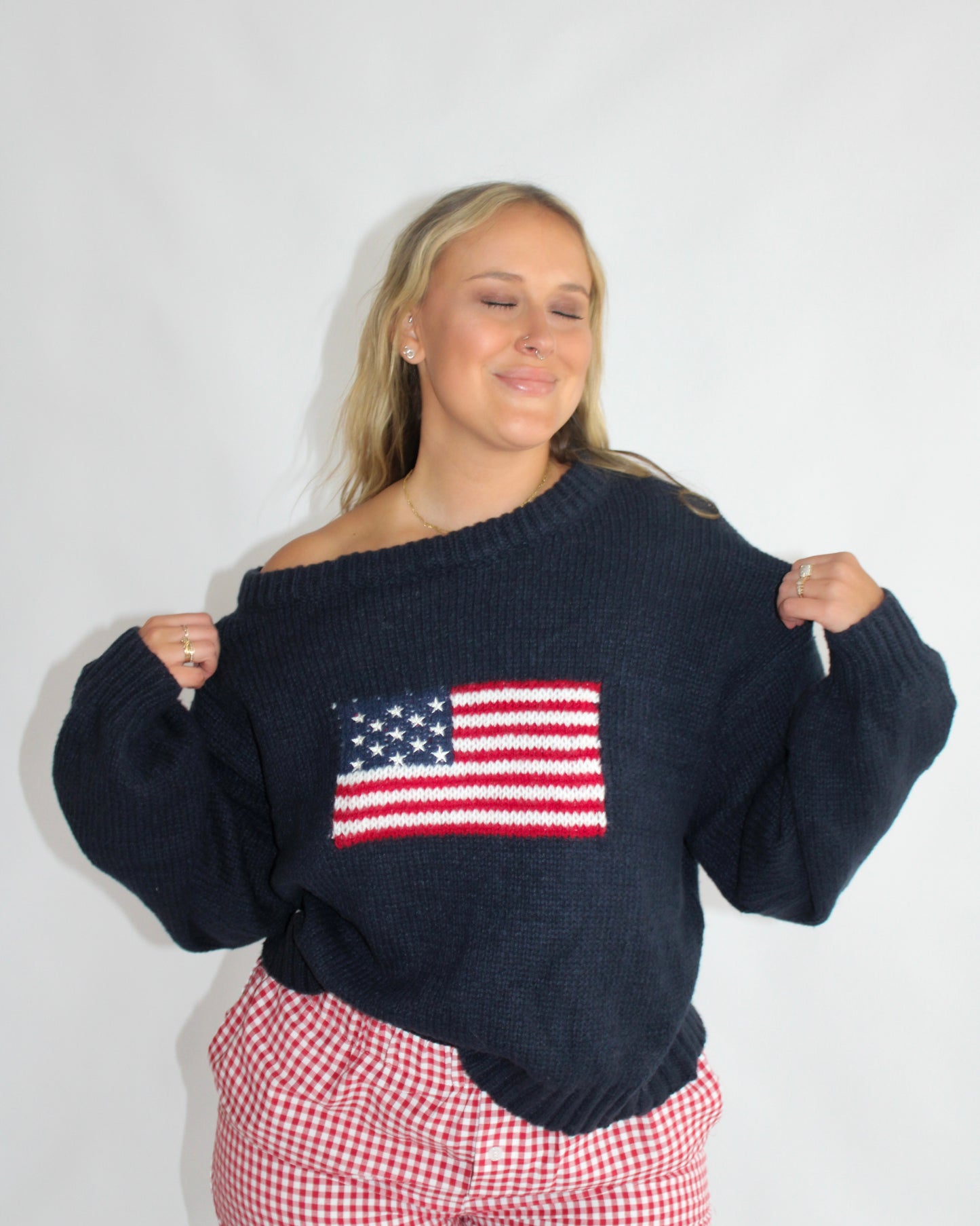 Ribbed Knit Flag Sweater - Navy