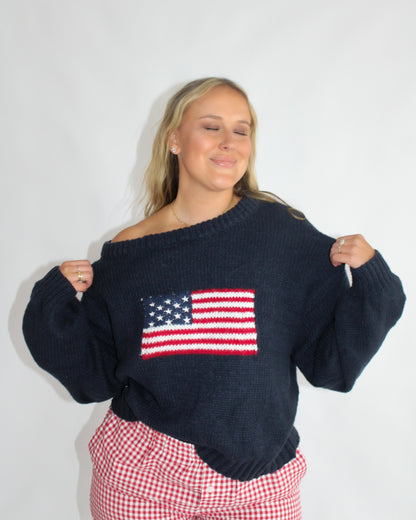 Ribbed Knit Flag Sweater - Navy