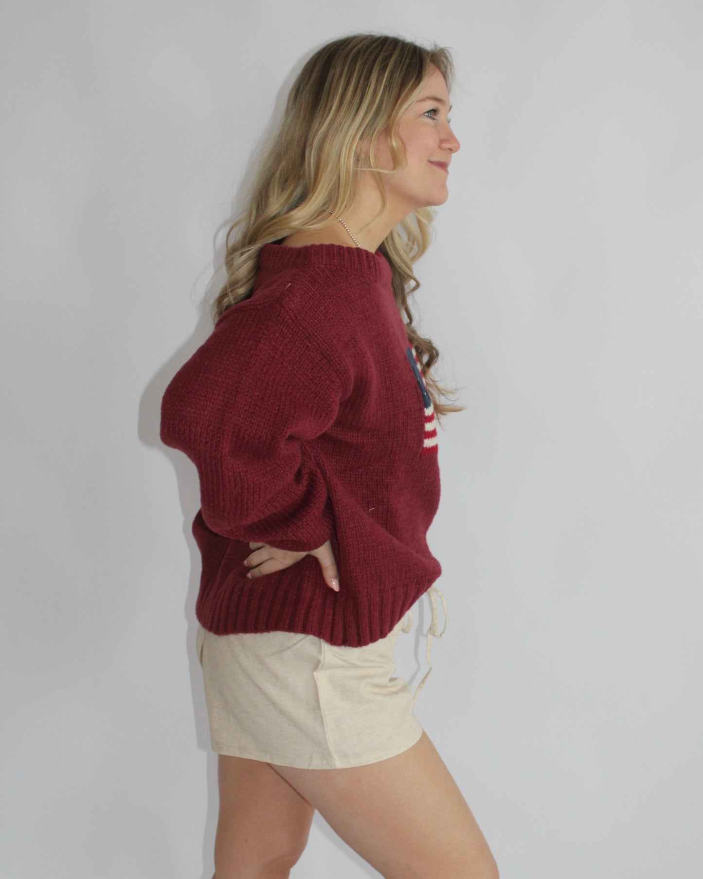 Ribbed Knit Flag Sweater - Burgundy