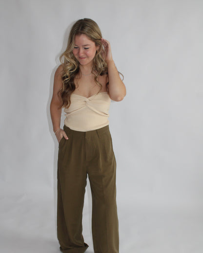 Olive Linen Wide Leg Pants