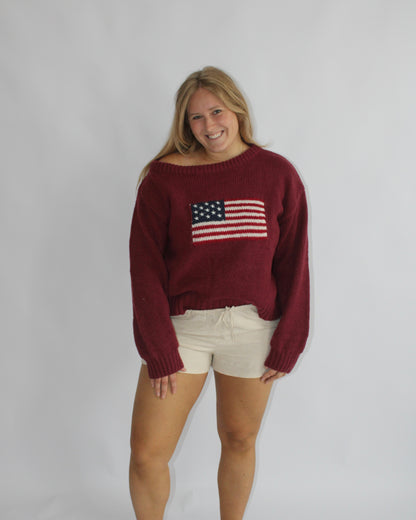 Ribbed Knit Flag Sweater - Burgundy