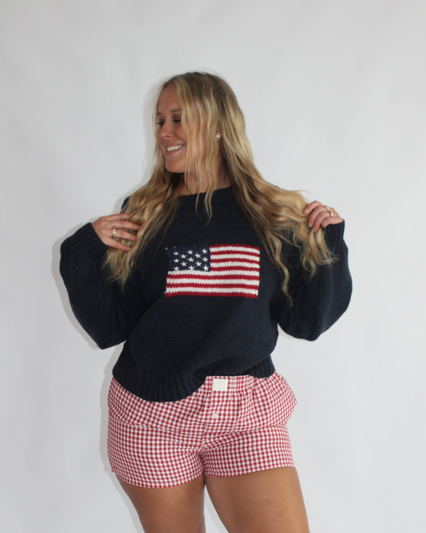 Ribbed Knit Flag Sweater - Navy