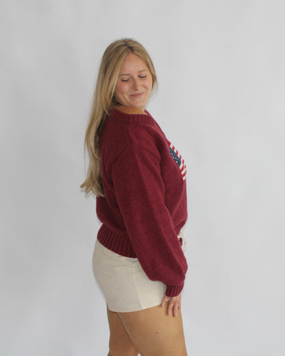 Ribbed Knit Flag Sweater - Burgundy