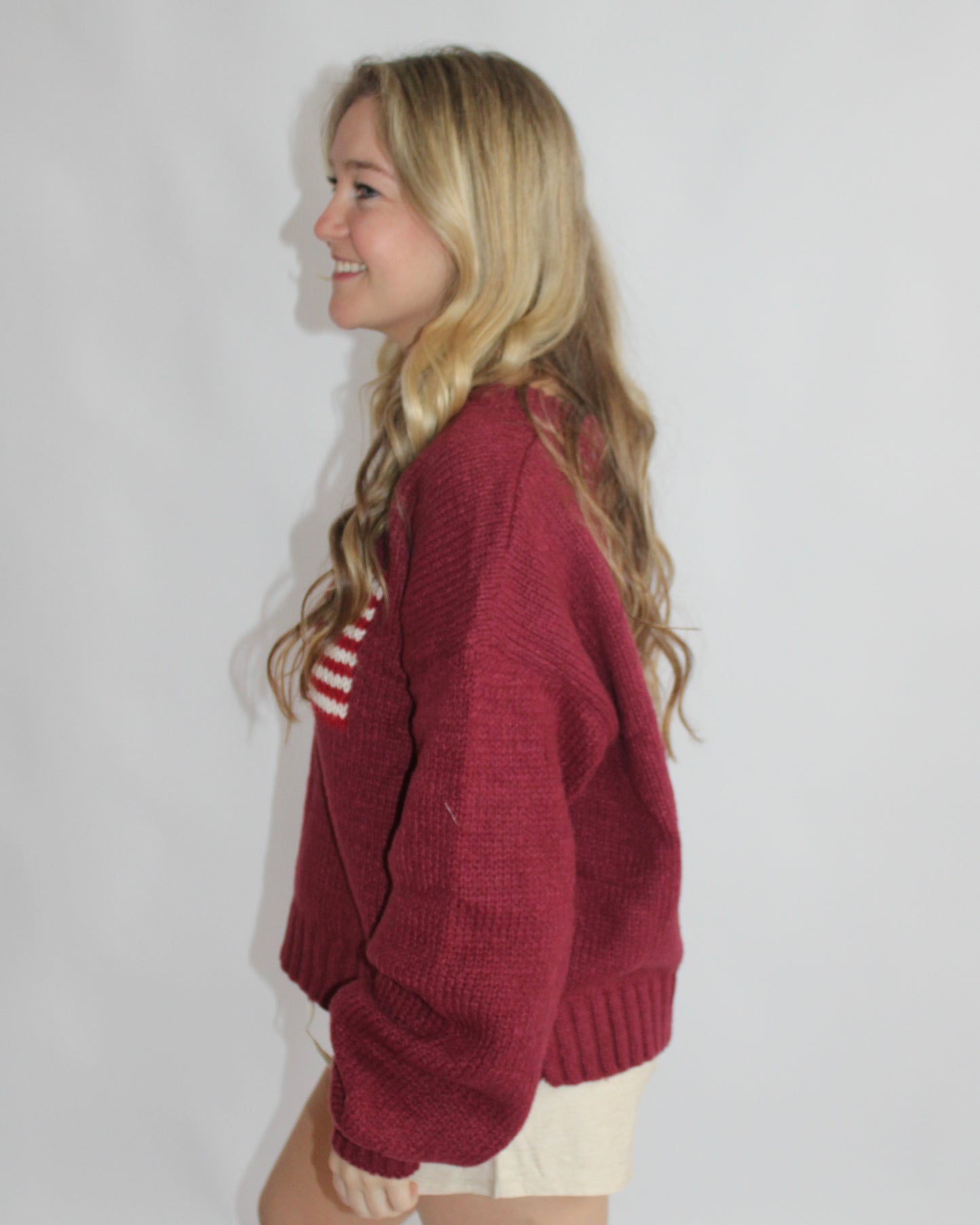 Ribbed Knit Flag Sweater - Burgundy